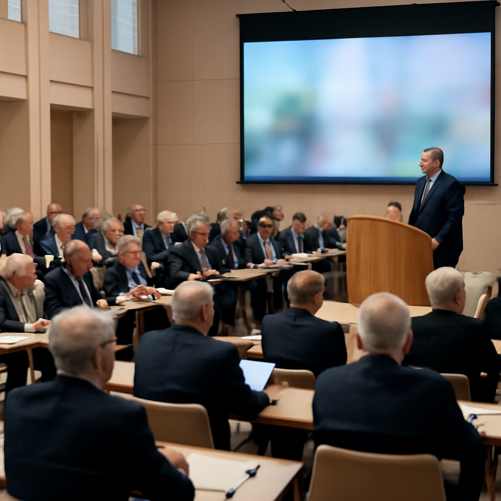 Senior officials in business attire gather in a conference room with laptops and a large screen displaying an abstract image.