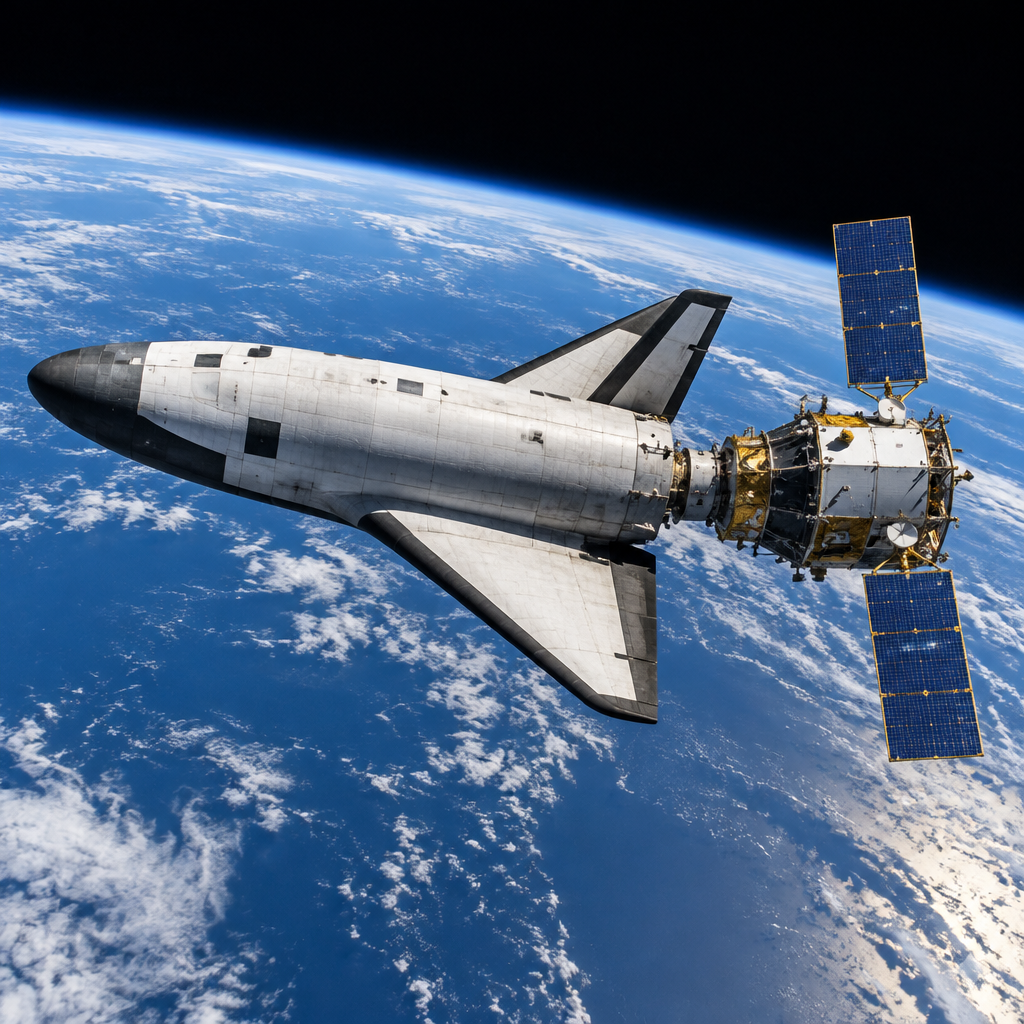 Chinese reusable spaceplane in orbit with docked satellite visible.