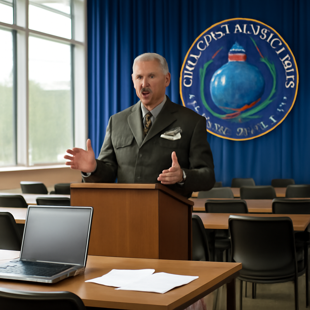 Briefing room with podium, chairs, and laptop on a table near large windows.