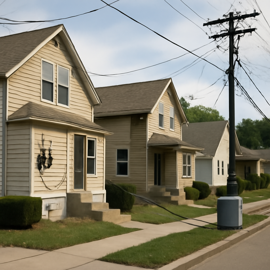 Suburban homes with visible Wi-Fi routers and cables leading to a utility pole or small server.