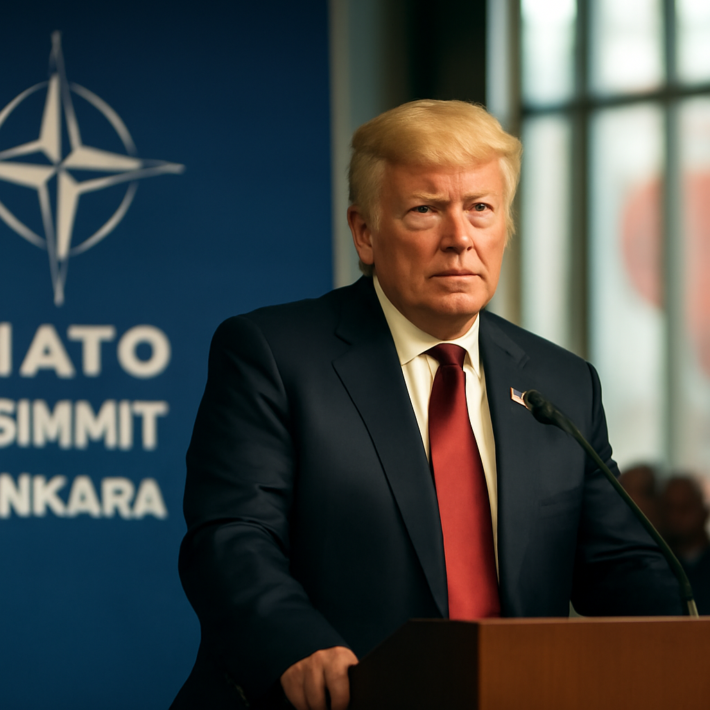 President Trump stands at a podium with a stern expression, surrounded by a tense atmosphere at a meeting room with tall…