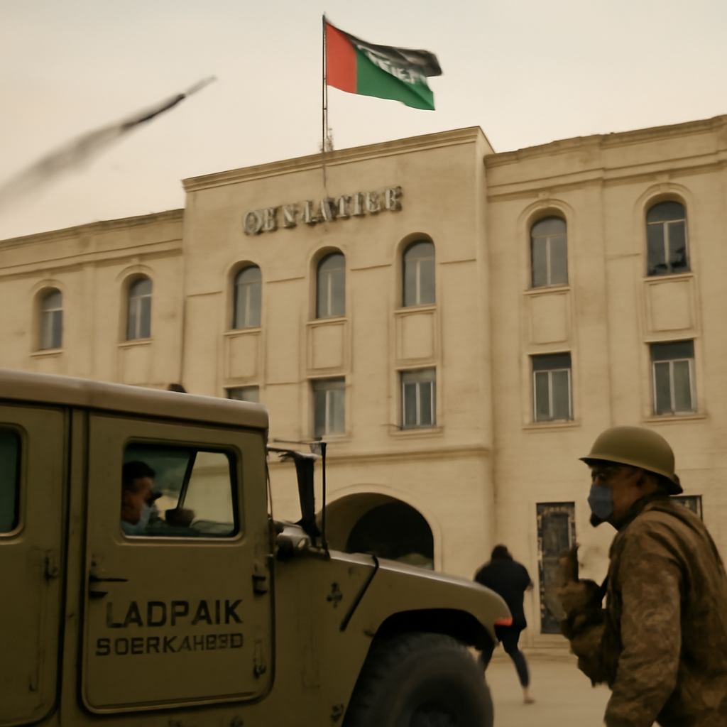Military vehicle in foreground with blurred missile in background near Jordanian building.