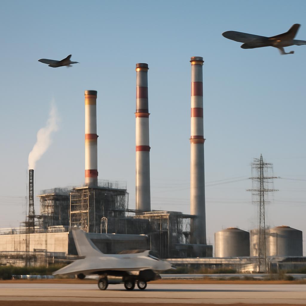 Industrial facility with smokestacks and aircraft in foreground.
