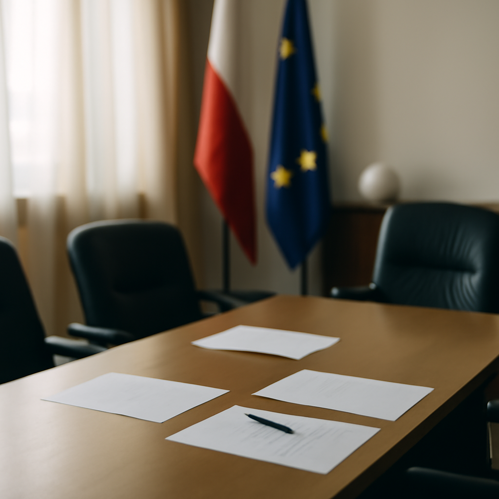 Formal meeting space with negotiating table, chairs, and papers, conveying cautious optimism.