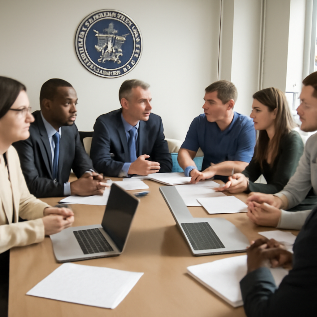 Government and private sector representatives meet to discuss cyber vulnerability coordination in a brightly-lit conference…