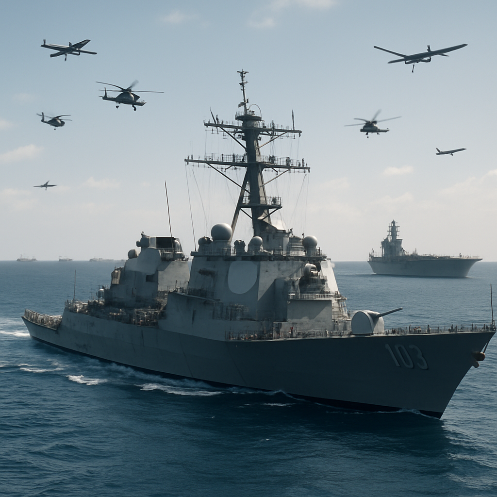 US Navy destroyer sails through Strait of Hormuz with aircraft carrier and fighter jets nearby.