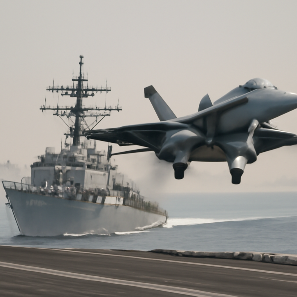 US warship underway with aircraft on deck at a military base during daytime operations.