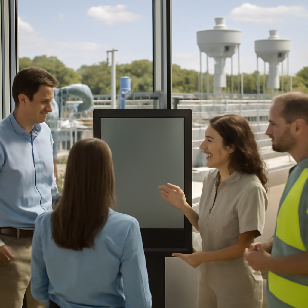 Workers in casual attire gather around a control panel at a water treatment facility with industrial and natural scenery.