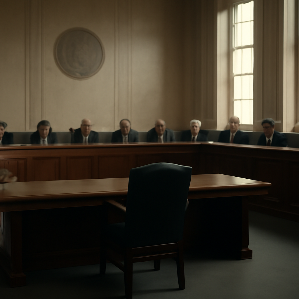 US Capitol hearing room with senators seated at a formal table and a single empty chair.