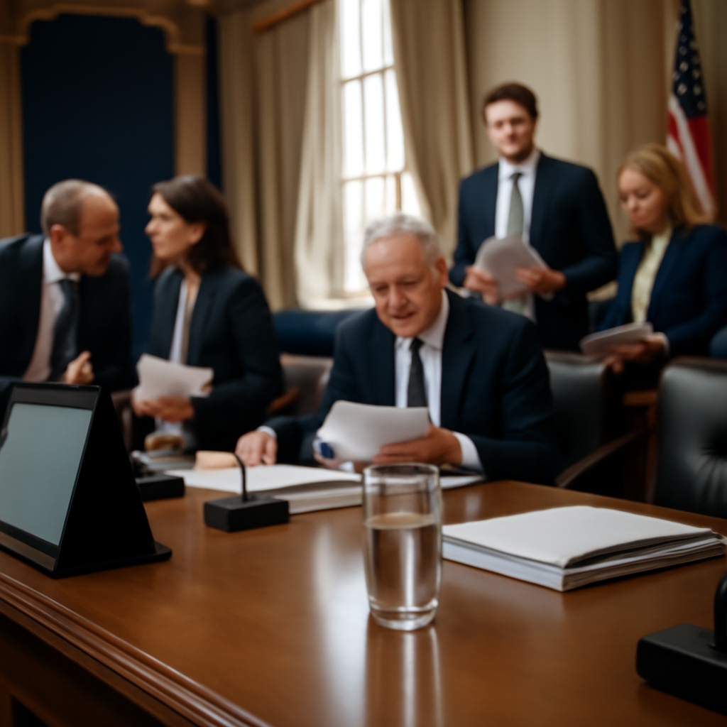 Formal conference room with long table, chairs, and stack of documents.