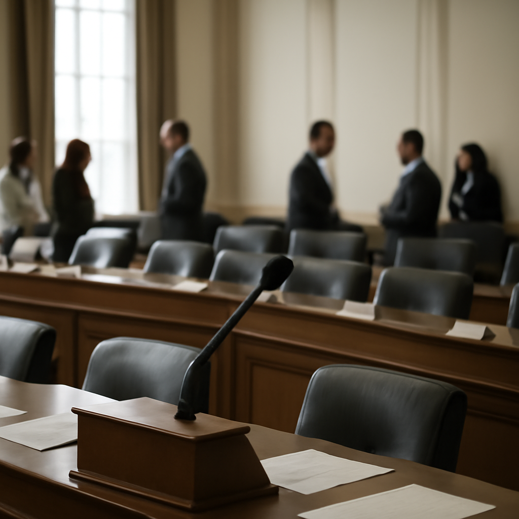 Empty congressional hearing room with scattered lawmakers and aides near a podium.