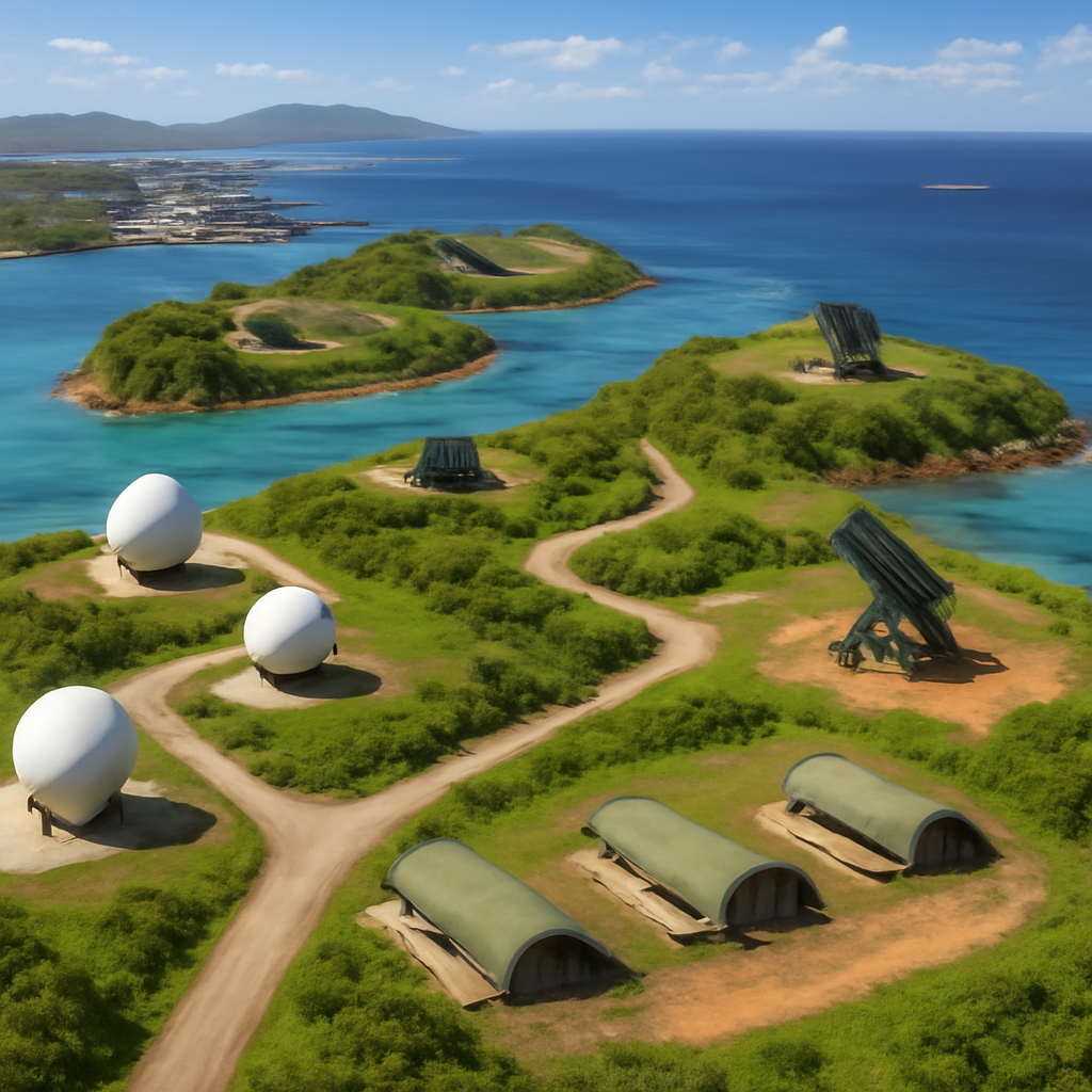 Pacific island landscape with interconnected military installations and defense systems.