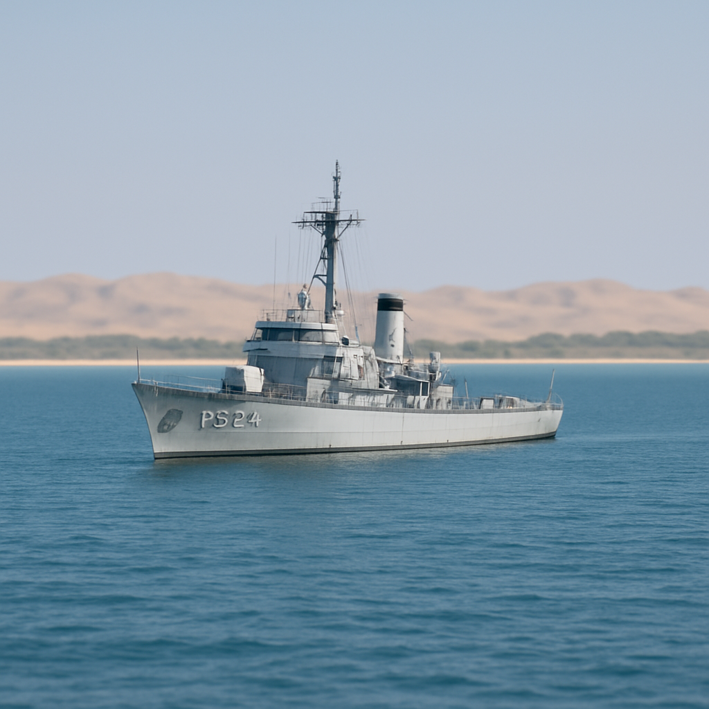 Decommissioned patrol ship in Luzon Strait with Paoay Sand Dunes in background.
