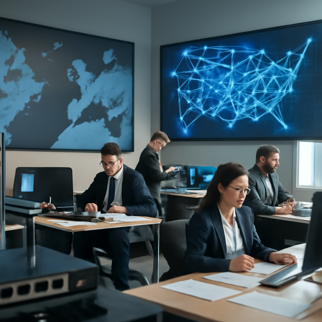 Law enforcement operations room with map, computers, and team working together.