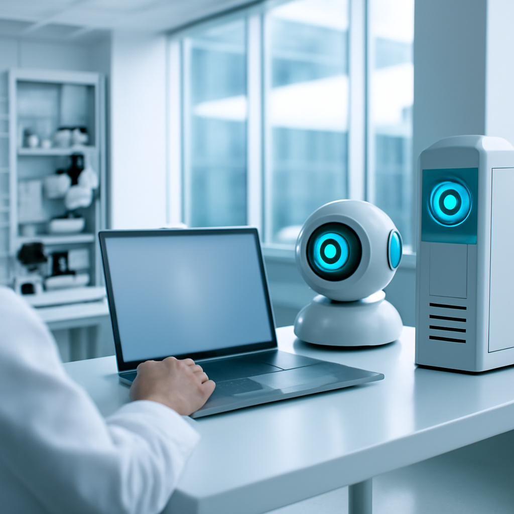 Person working at a modern workstation with laptop and futuristic AI equipment in a bright laboratory setting.