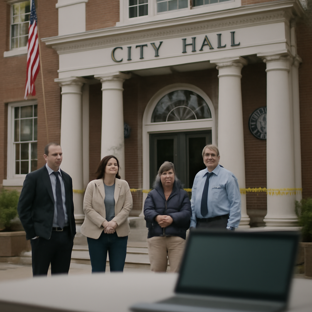 Concerned officials stand outside partially closed city hall entrance.