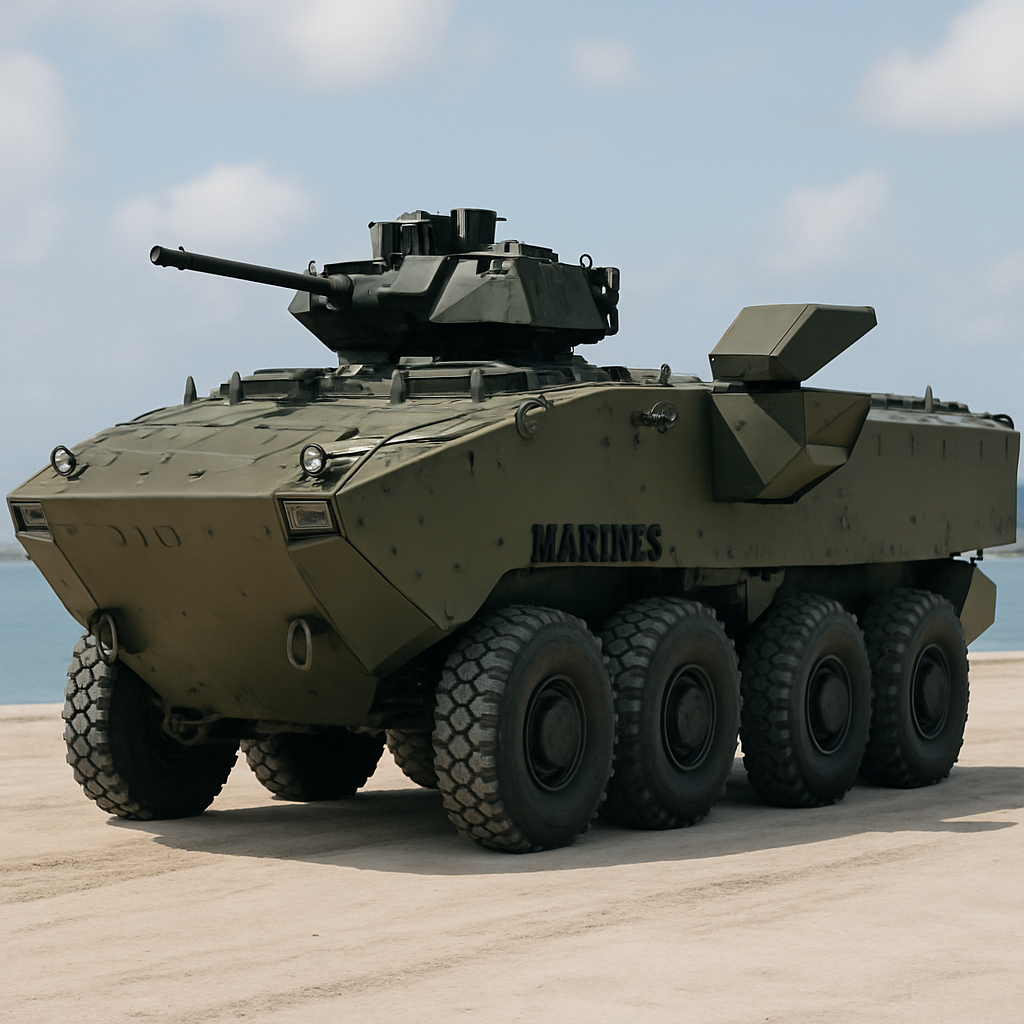 US Marine Corps Amphibious Combat Vehicle with active protection system on a sandy beach.