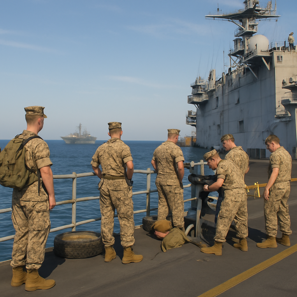 US Marine Corps personnel on an amphibious ship deck, attending to equipment and gazing out at sea.