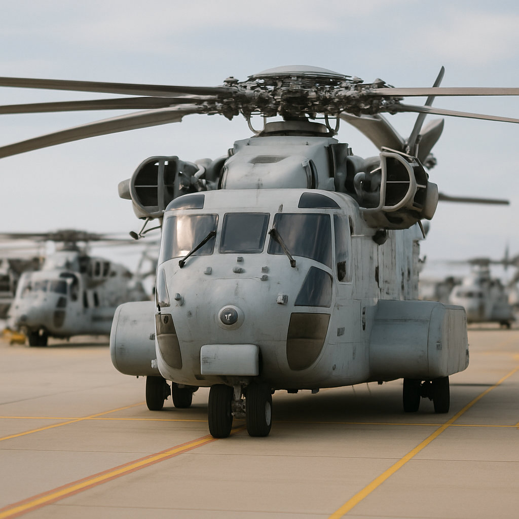 CH-53K King Stallion helicopter on production line with others in background.