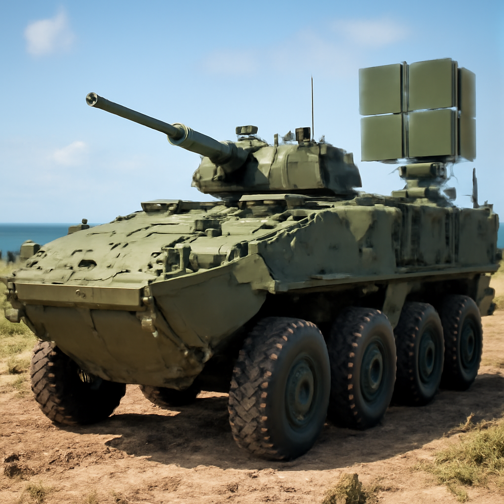 Amphibious Combat Vehicle on rugged terrain with integrated anti-drone jammer system.