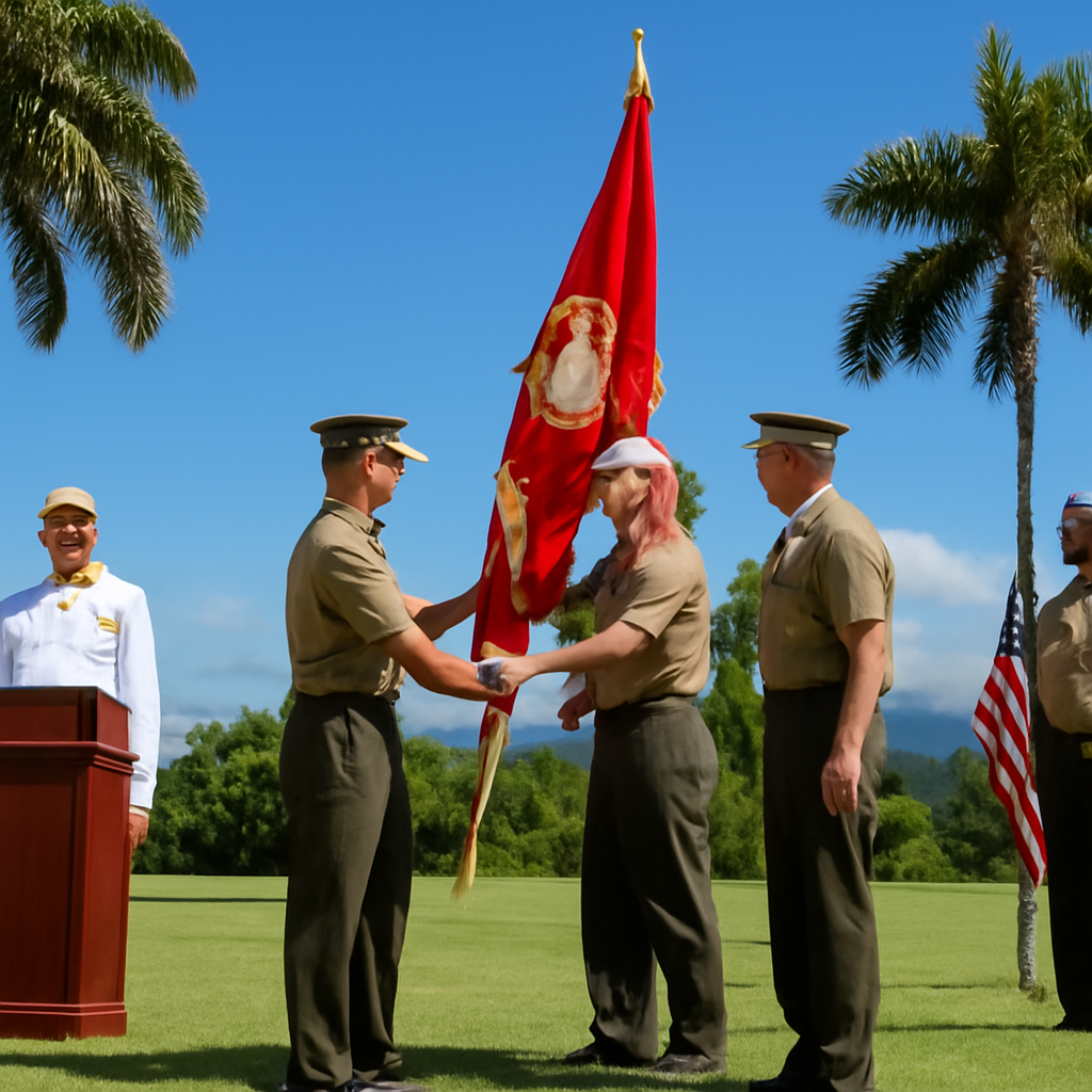 High-ranking US military officers attend a ceremony, exchanging flags and standing at attention outdoors.
