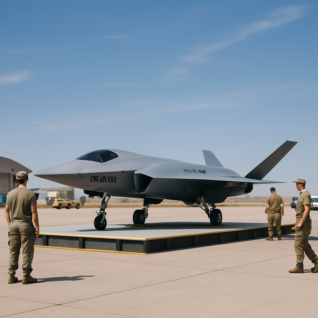 US military personnel surround a futuristic drone on a tarmac.