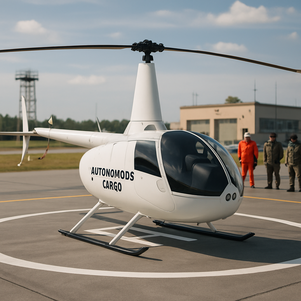 Autonomous cargo helicopter on a helipad with personnel in uniform nearby.