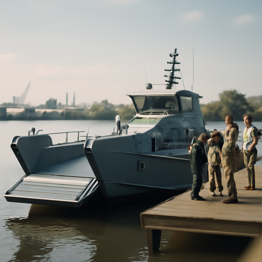 Modern beach landing vessel moored in a bayou with personnel inspecting or conversing nearby.