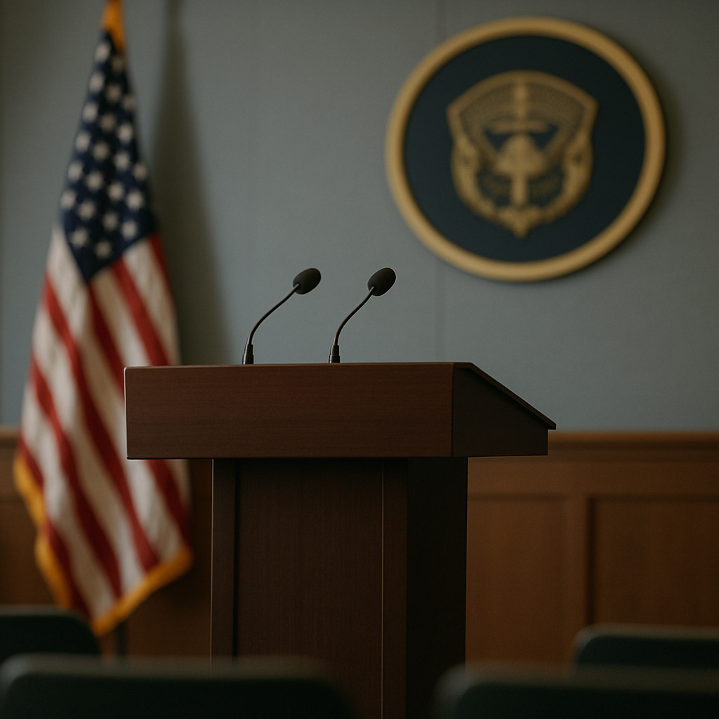 US military briefing room with podium and blurred flag background, featuring Lt. Gen. Stephen Sklenka.