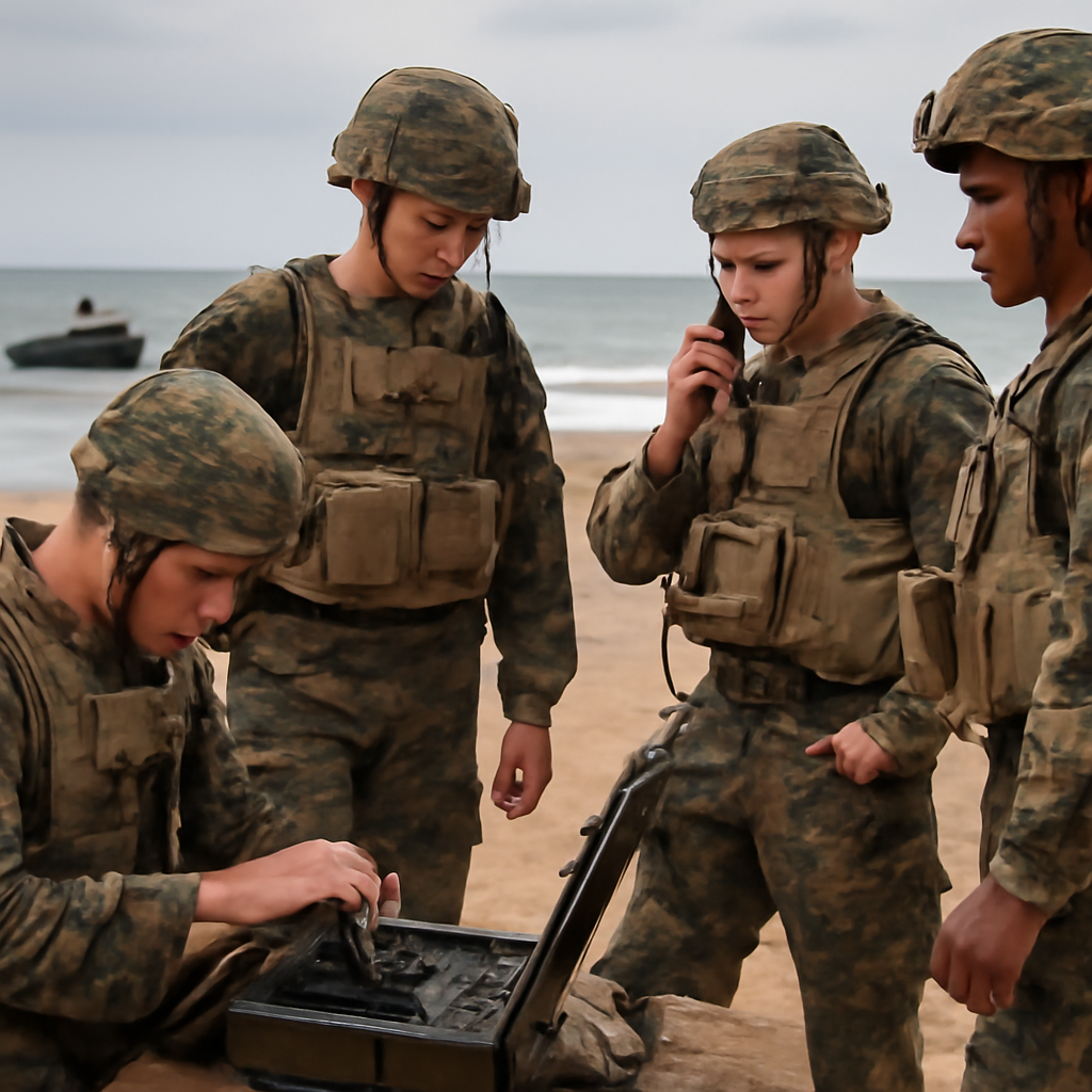 US Marines in a coastal exercise, with some focused on equipment and others observing or communicating.