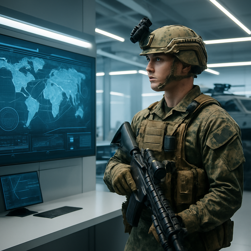 US Marine stands in front of futuristic display with advanced vehicle in background.