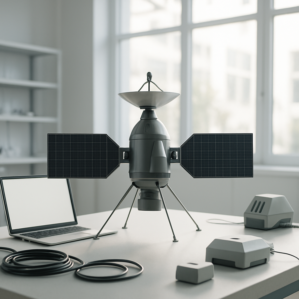 Modern satellite model in a bright, minimalist lab setting with large window.