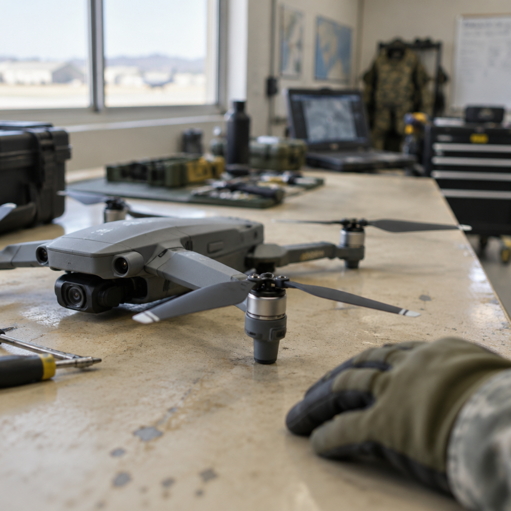 Drone sits on a workbench with tools and equipment in the background.
