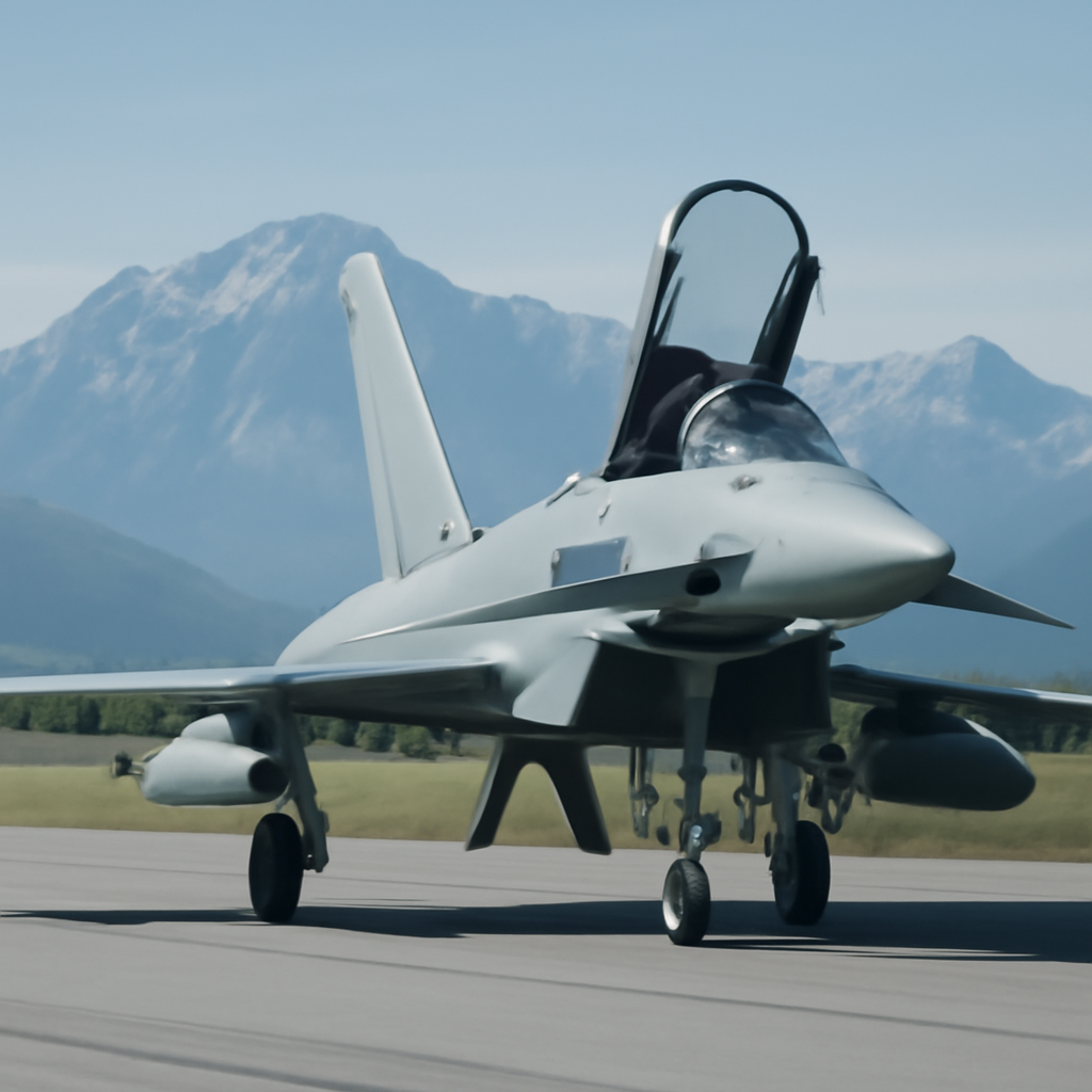 Eurofighter Typhoon fighter jet on a runway with open canopy, set against a clear sky and distant mountain range.