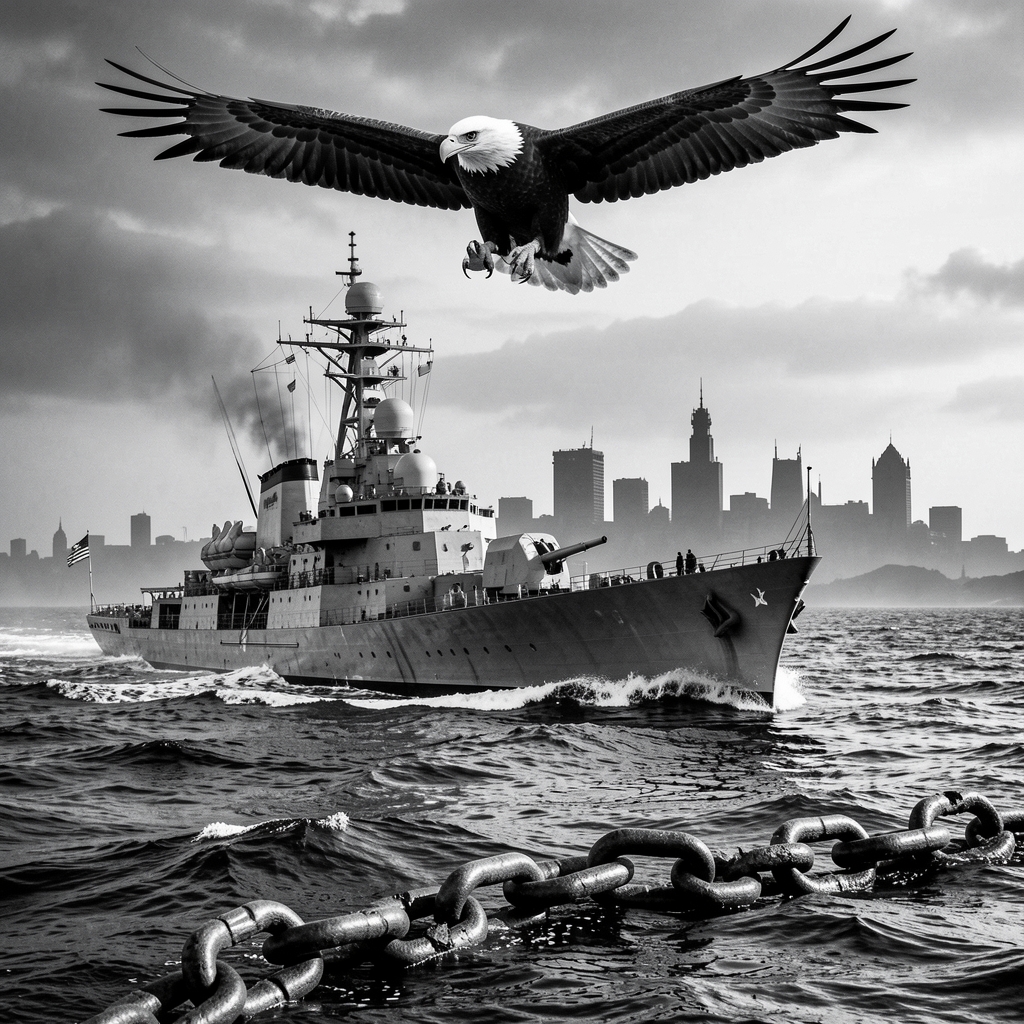 American warship sails through choppy waters with Middle Eastern cityscape in background and eagle soaring overhead.