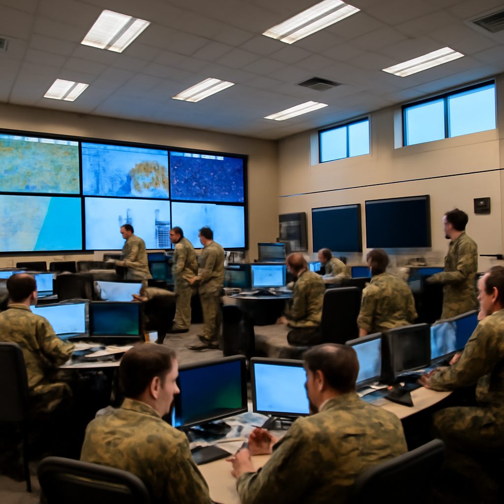 Military personnel work together in a large operations room filled with screens and consoles.