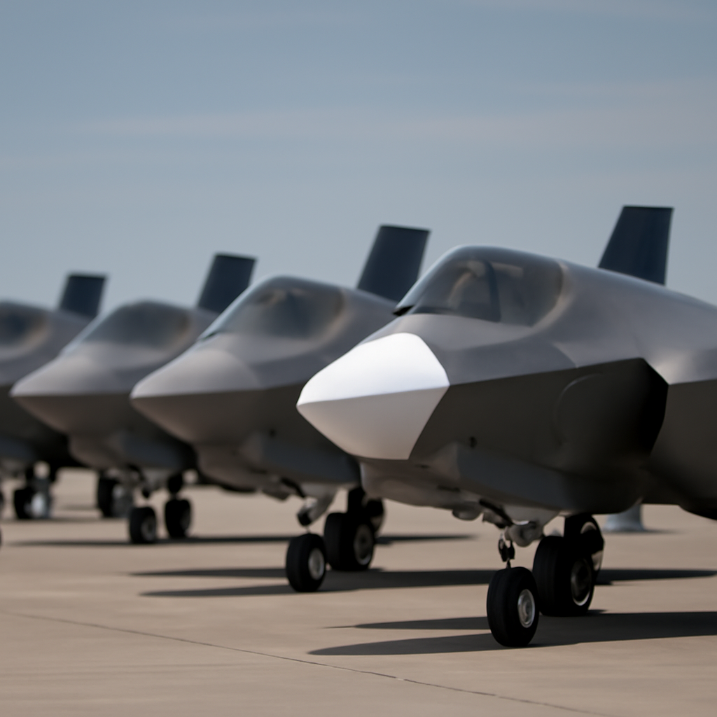 Row of F-35 fighter jets on a tarmac with some noses blurred, indicating missing radars.