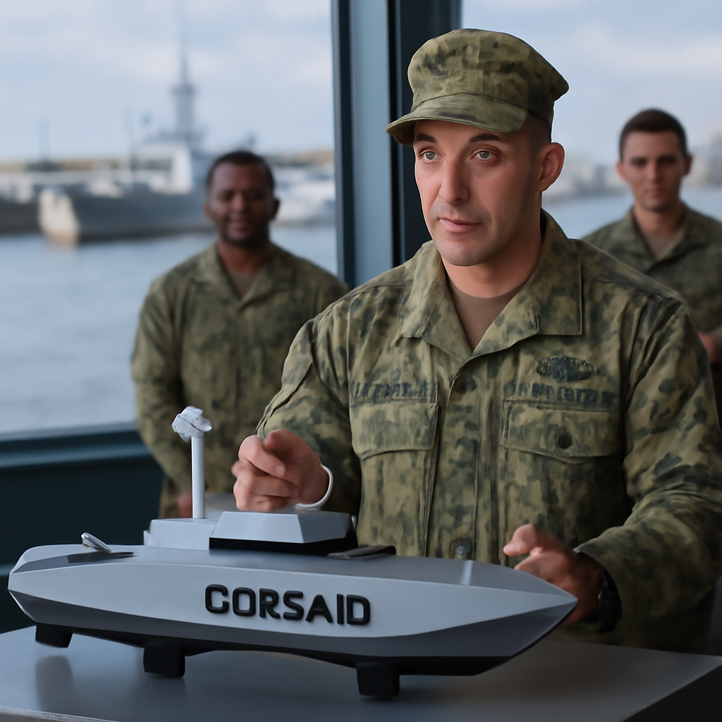 US Navy personnel stand near a model of a Corsair unmanned surface vessel on a table in a briefing room overlooking a naval…