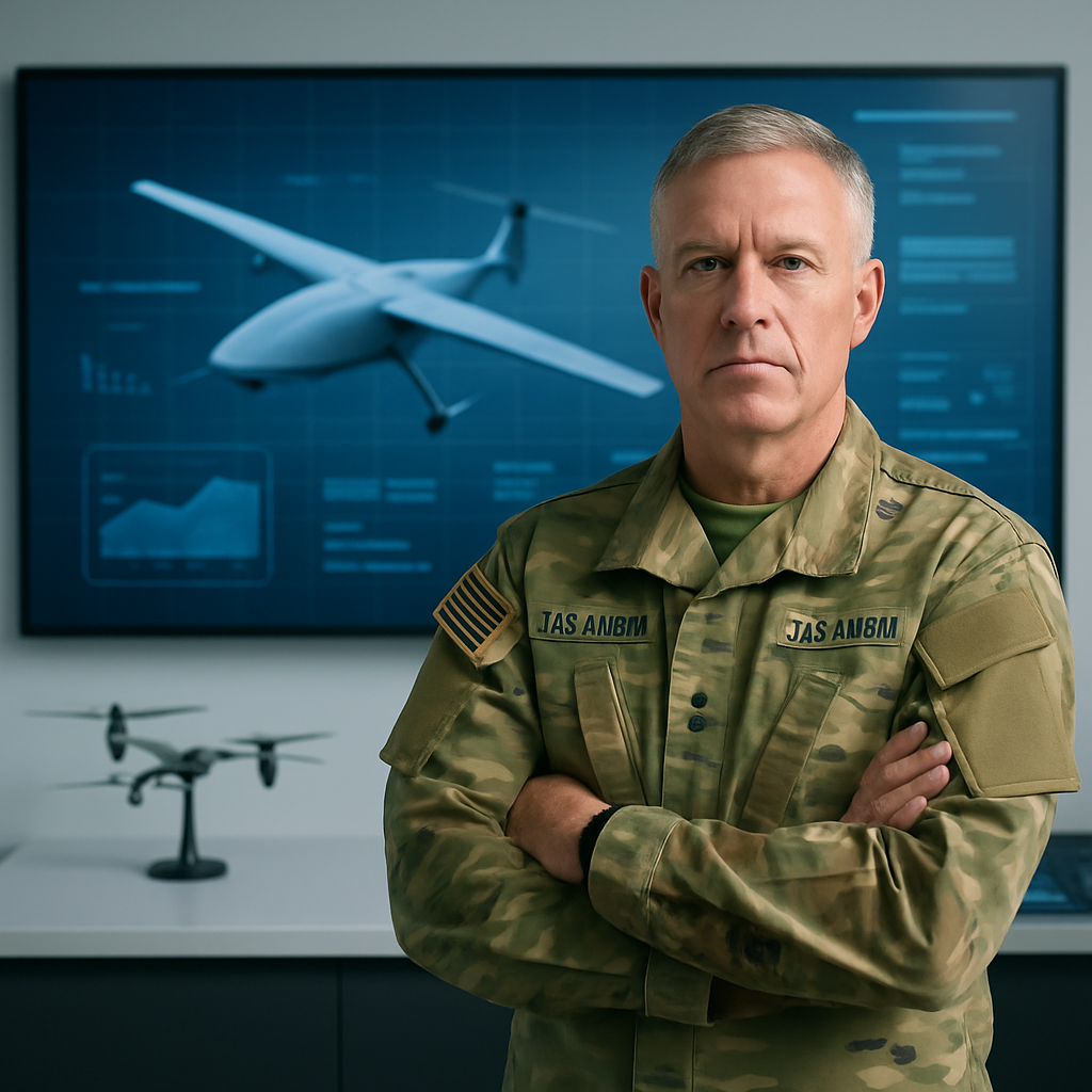 US military personnel standing in front of futuristic command center with autonomous systems equipment.