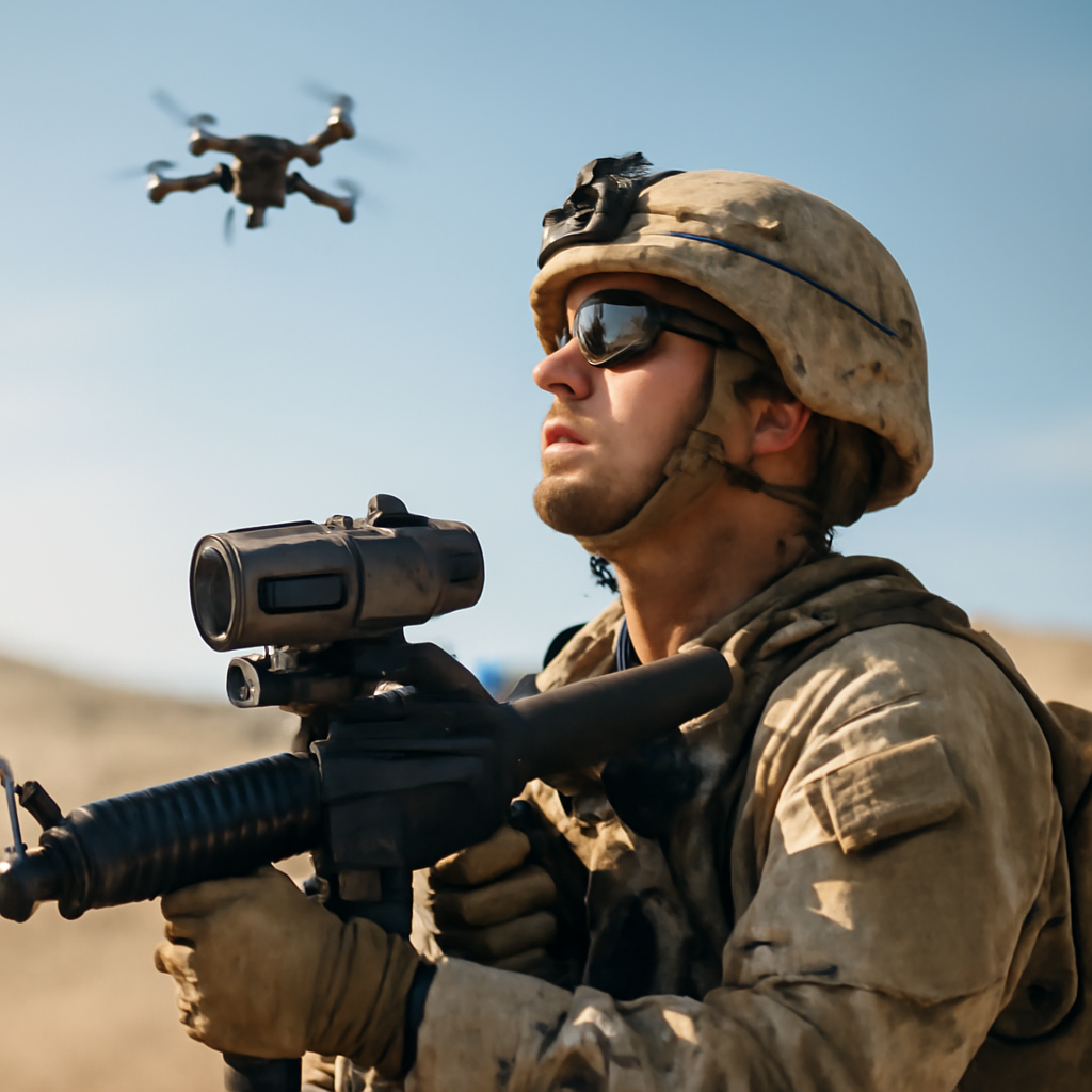 US military personnel with rifle-mounted fire-control system looks up at overhead drone.