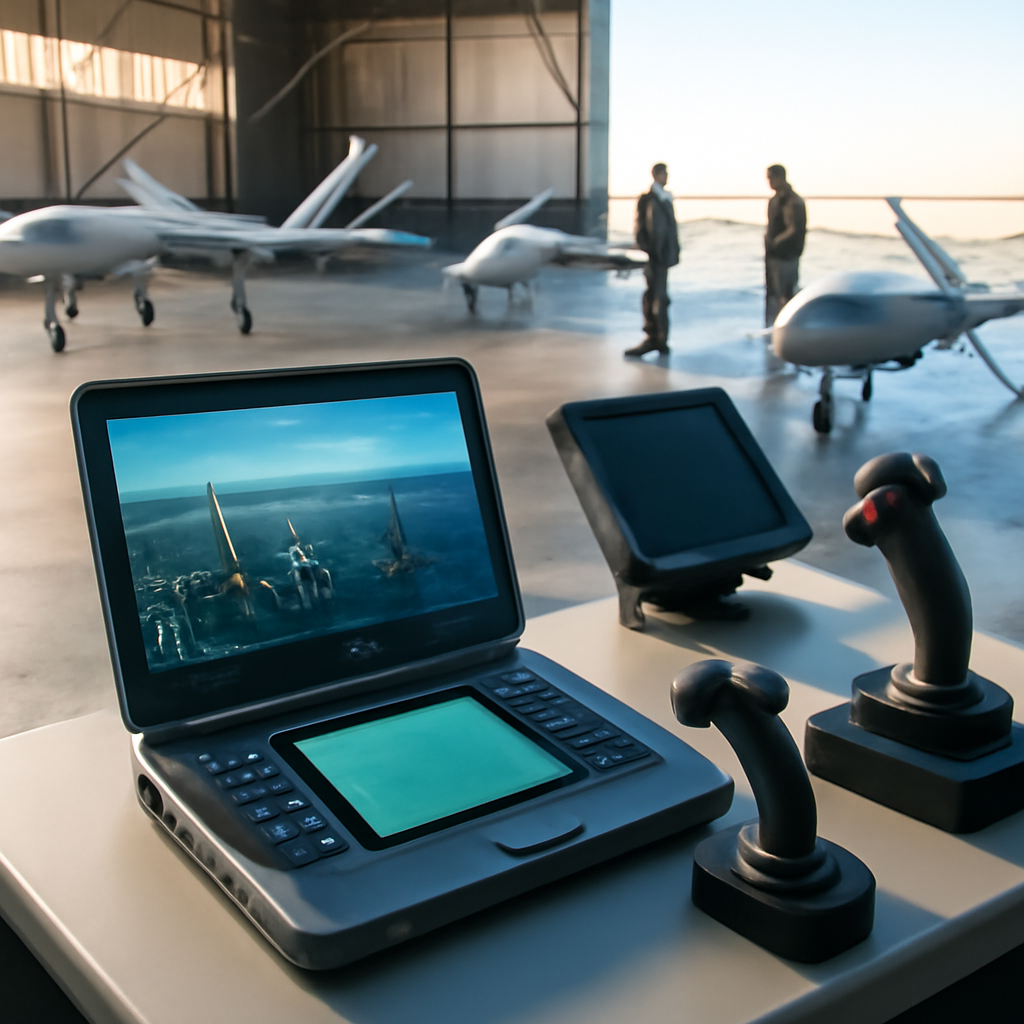 Military drones on display at an airfield with personnel in the background and a control station in the foreground.