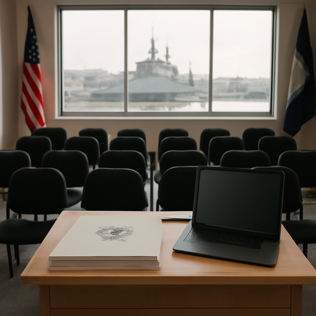 US military briefing room with podium, chairs, and large window showing a base or shipyard.
