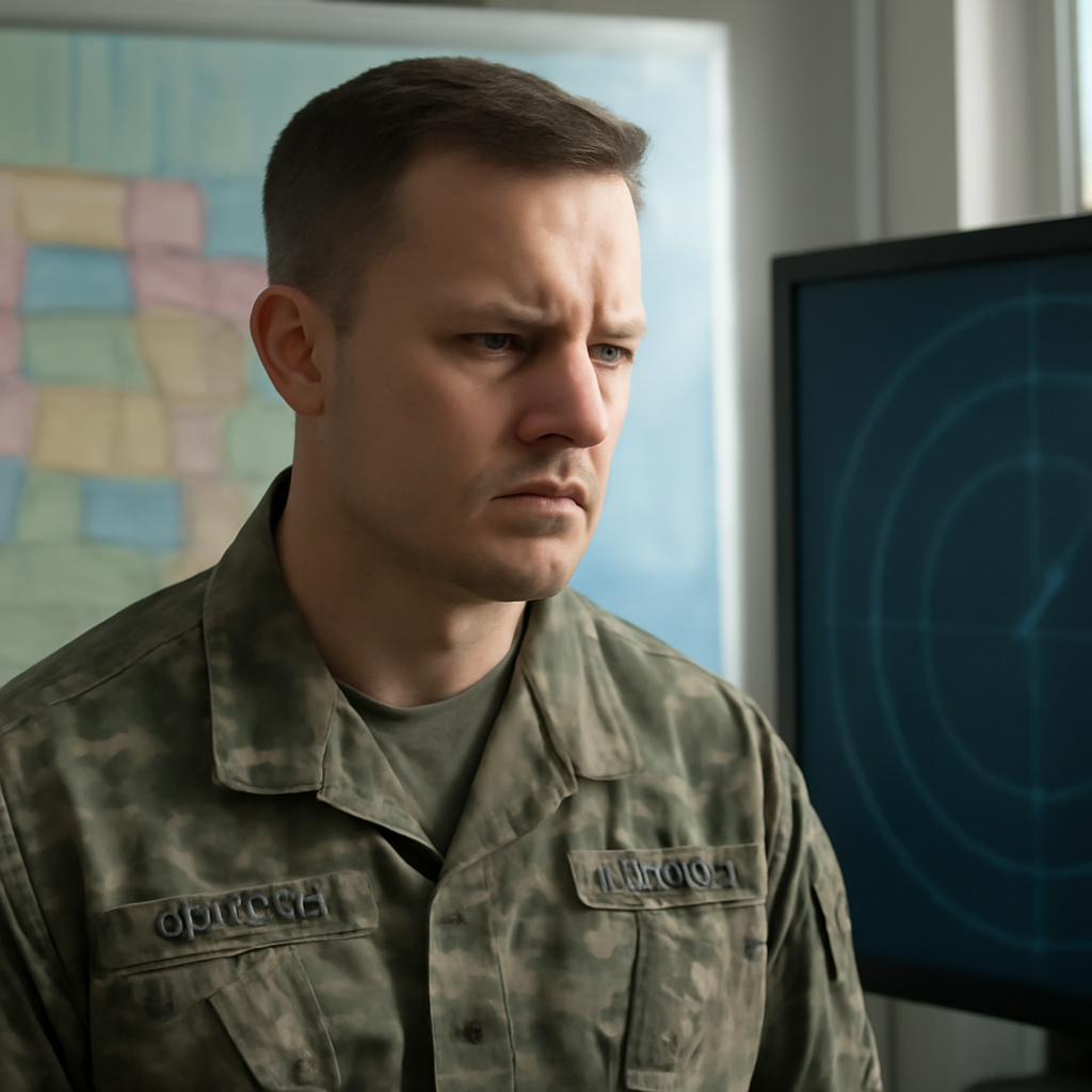 Military personnel in uniform stands before a large US map and radar screen with a concerned expression.