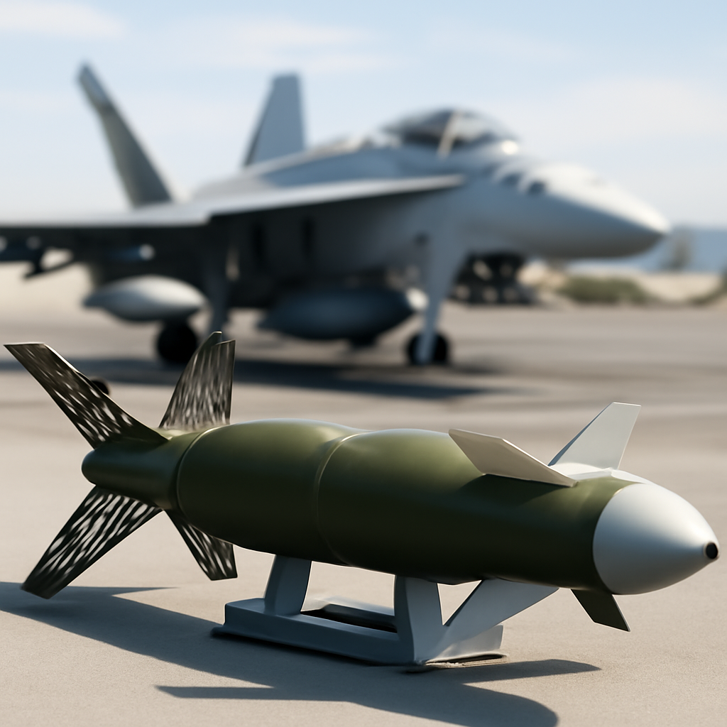 Military aircraft near a JDAM-ER munition on a testing range or flight deck.