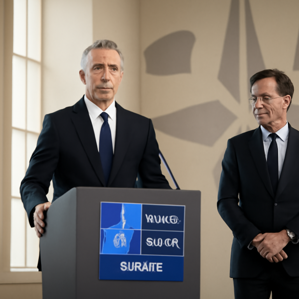 Serious speaker at podium with another person nearby, in a briefing room with flags and emblems in background.