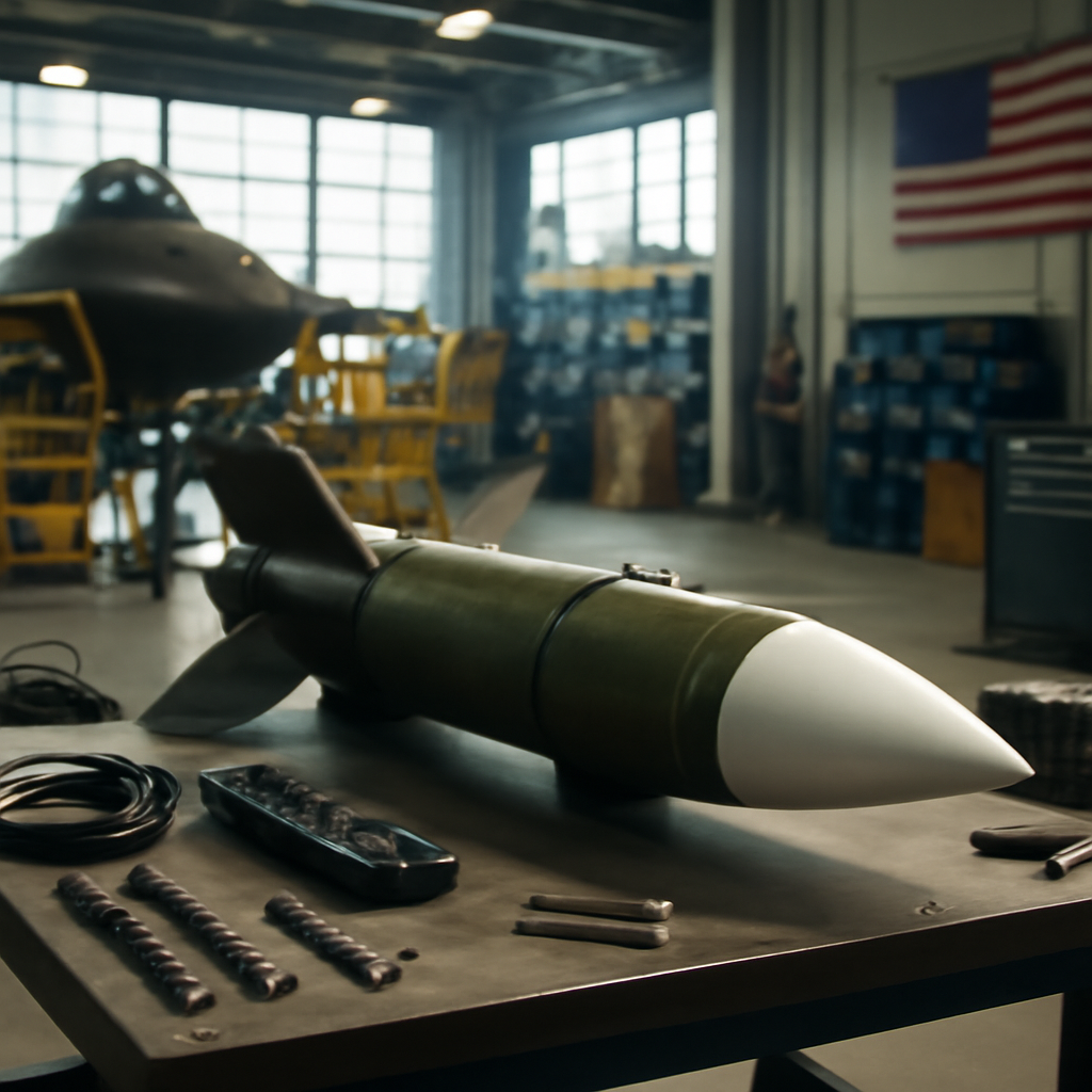 US defense facility workbench with partially assembled aircraft component.