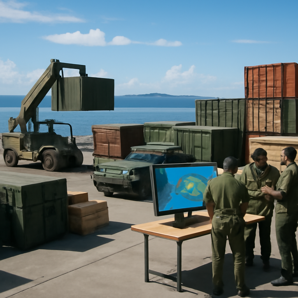 Military logistics hub on a dock with shipping containers, equipment, and officers near a briefing table with a map.