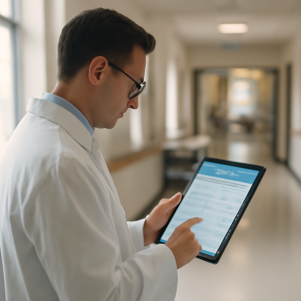Medical professional views patient data on a tablet in a hospital corridor.