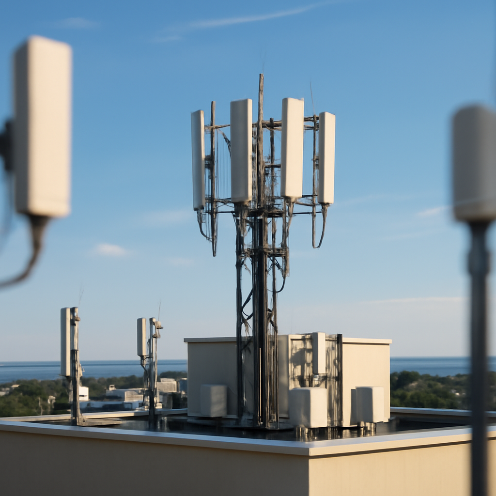 Telecommunications equipment array on a cell tower against a daytime sky.