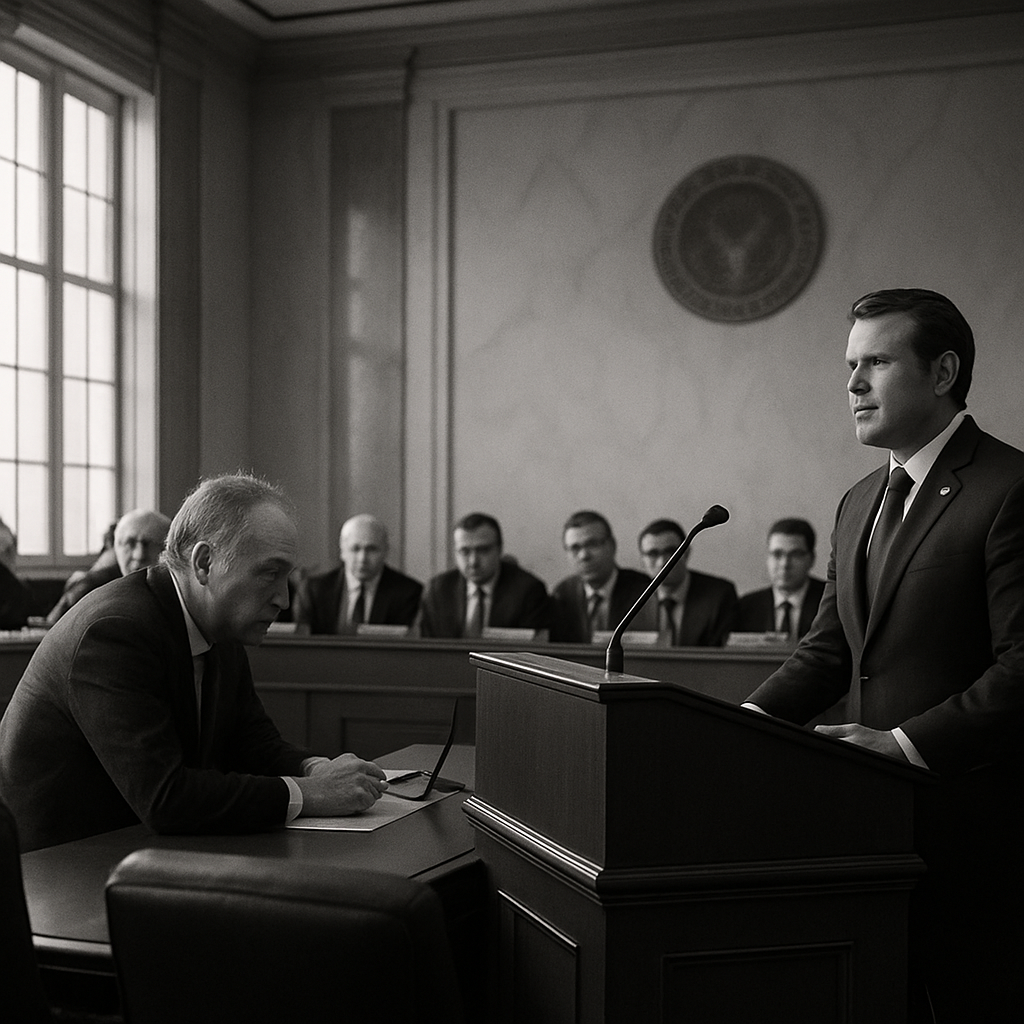 Defense Secretary Pete Hegseth stands at a podium in a Senate hearing room, addressing lawmakers including Senator Tim Kaine.